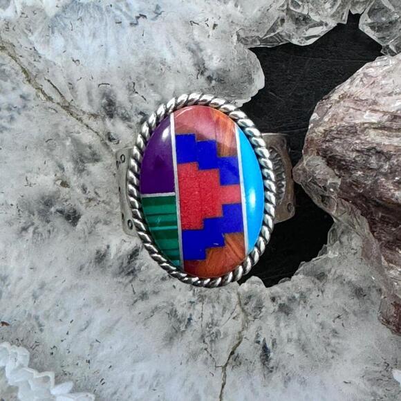 Carolyn Pollack Sterling Silver Oval Multistone Inlay Rug Design Ring Size 7.5 - Picture 4 of 10